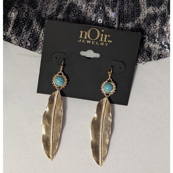 Gold Tone Leaf Turquoise Dangle Earrings by nOir - Picture 4 of 4